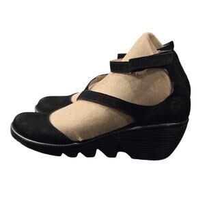 Fly London Plan 717 Black Leather Wedge Closed Toe Sandal Size 36 UK 5.5 US